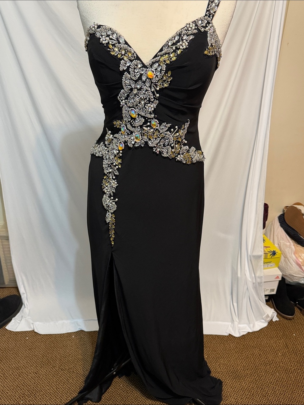 May Queen Black One-Shoulder Evening Gown with Silver & Gold Embellishments - Picture 5 of 5